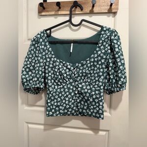 Free People Floral Green Puff Sleeve Top